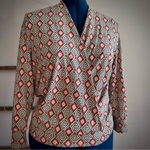 Surplice Long Sleeve Geometric Patterned Blouse